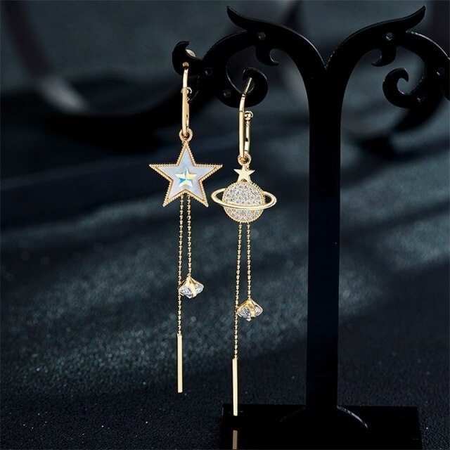 Simple Cute Pentagram Earth Long Tassel Drop Earrings For Women Crystal Asymmetry Earring Korean Fashion Jewelry Statement 2020