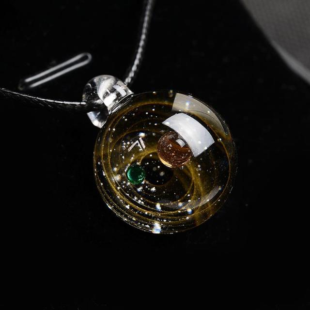 Universe Glass Bead Planets Pendant Necklace Galaxy Rope Chain Solar System Design Necklace for Women