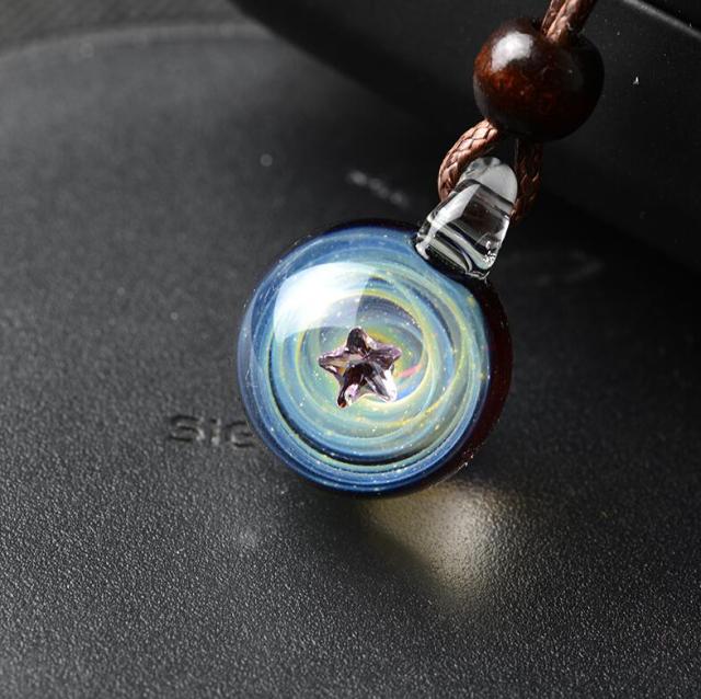 Universe Glass Bead Planets Pendant Necklace Galaxy Rope Chain Solar System Design Necklace for Women